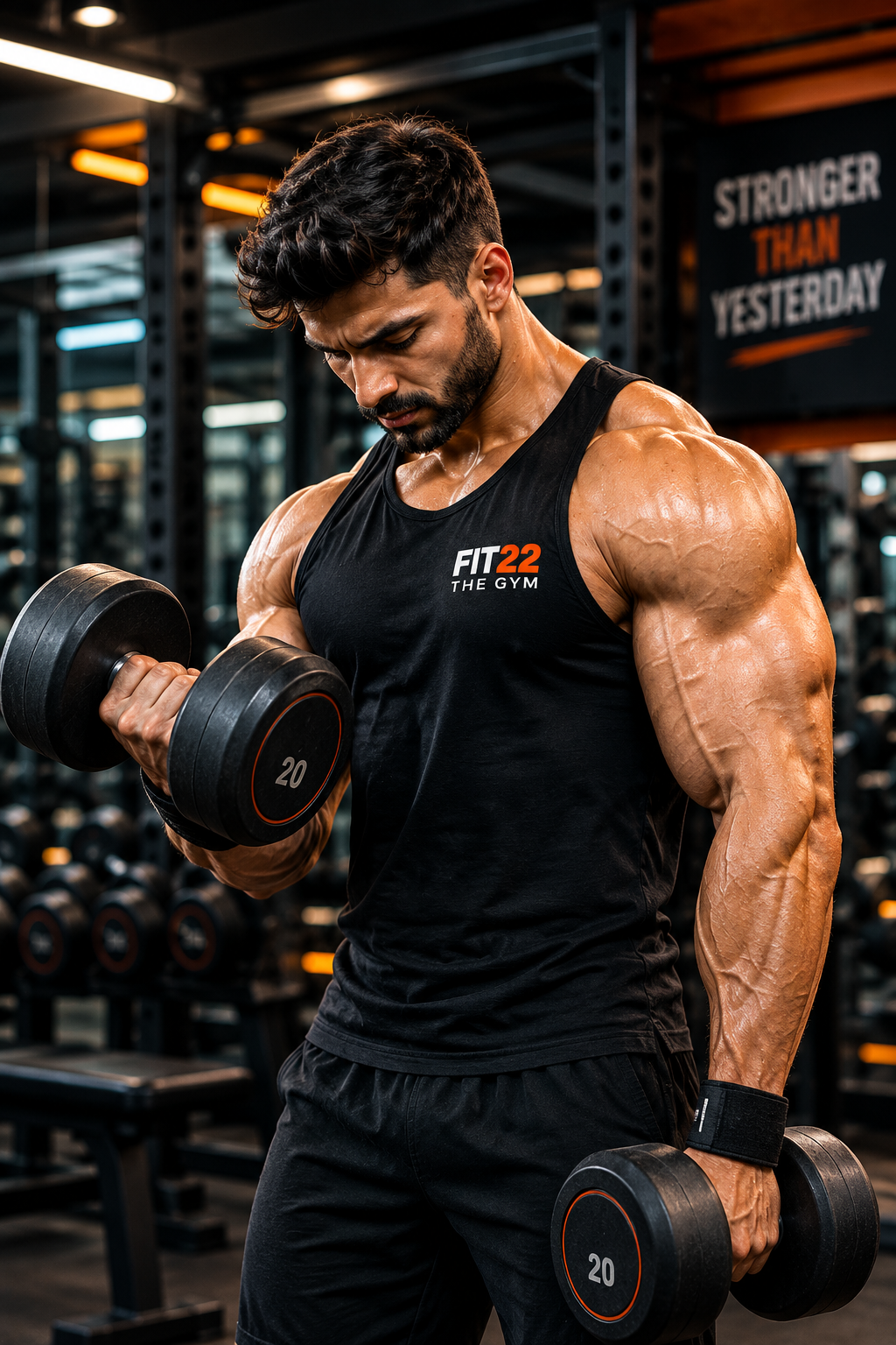 Muscular athlete training with dumbbells inside FIT22 The Gym